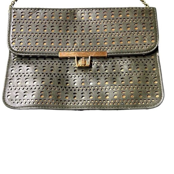 Women's olive green Faux Leather Cutout Chain Strap Convertible Clutch Sling Bag - Picture 5 of 10